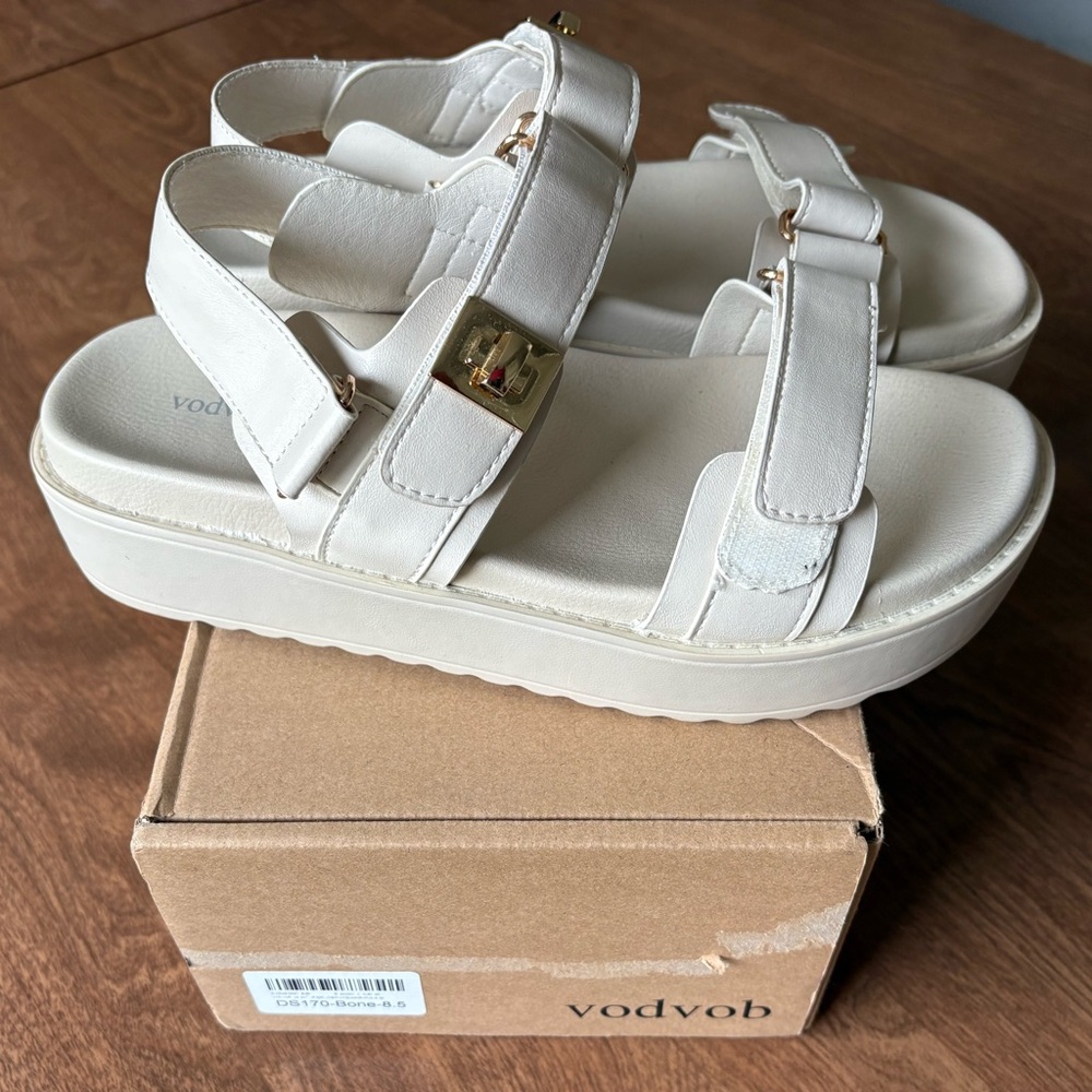 Cream Platform Strappy Sandals with Gold Accent